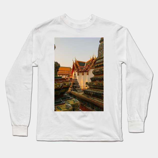 Fourth sidewalk view to ornate roof, flanked from parts of Chedis at Wat Pho. Long Sleeve T-Shirt by kall3bu